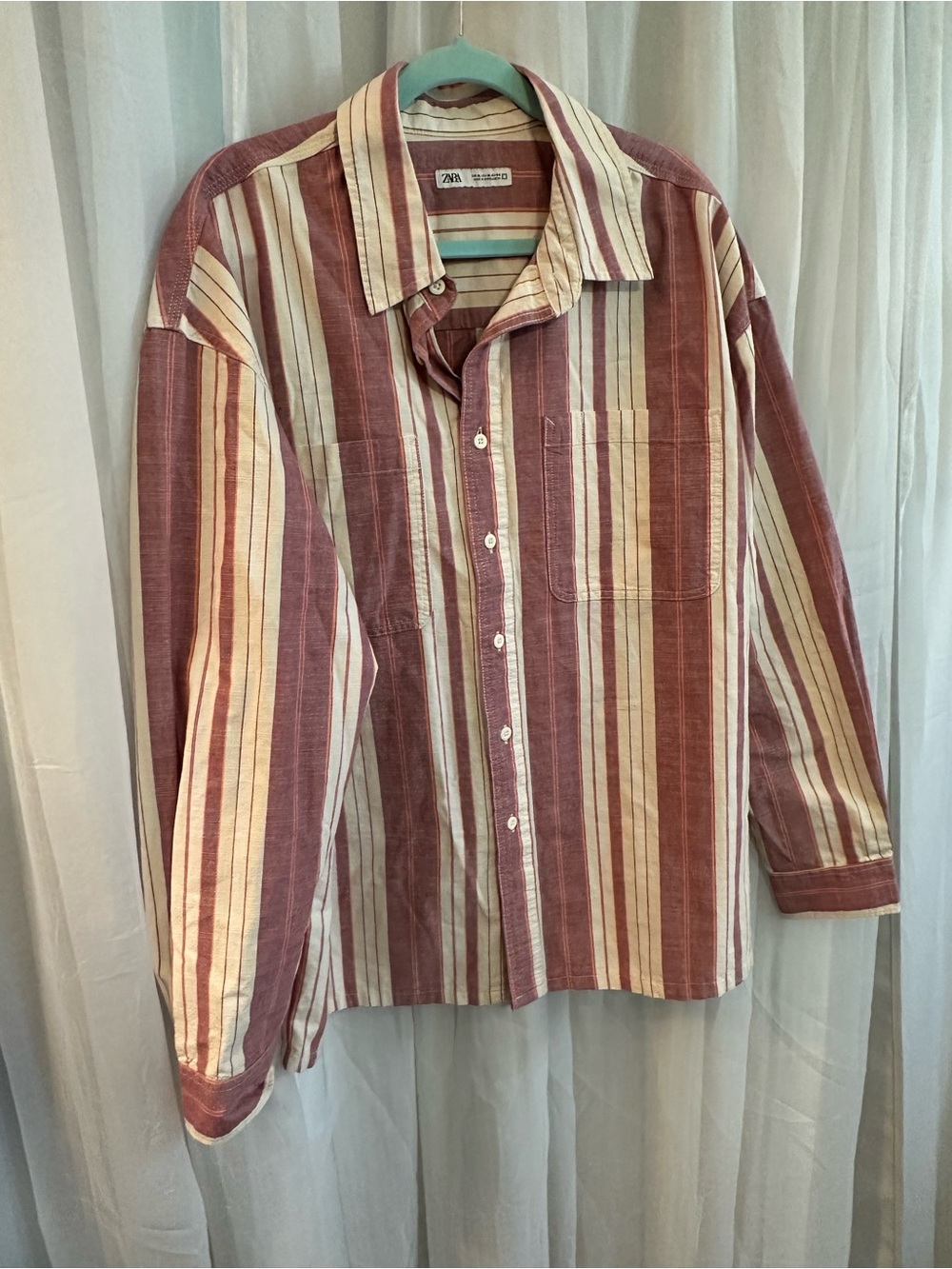 Zara Men's Burgundy and Cream Vertical Stripe Button-Down Shirt